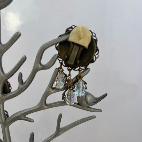 Vintage Banana Bob Bronze Iridescent Stone Dangle Clip On Earrings - Picture 7 of 12